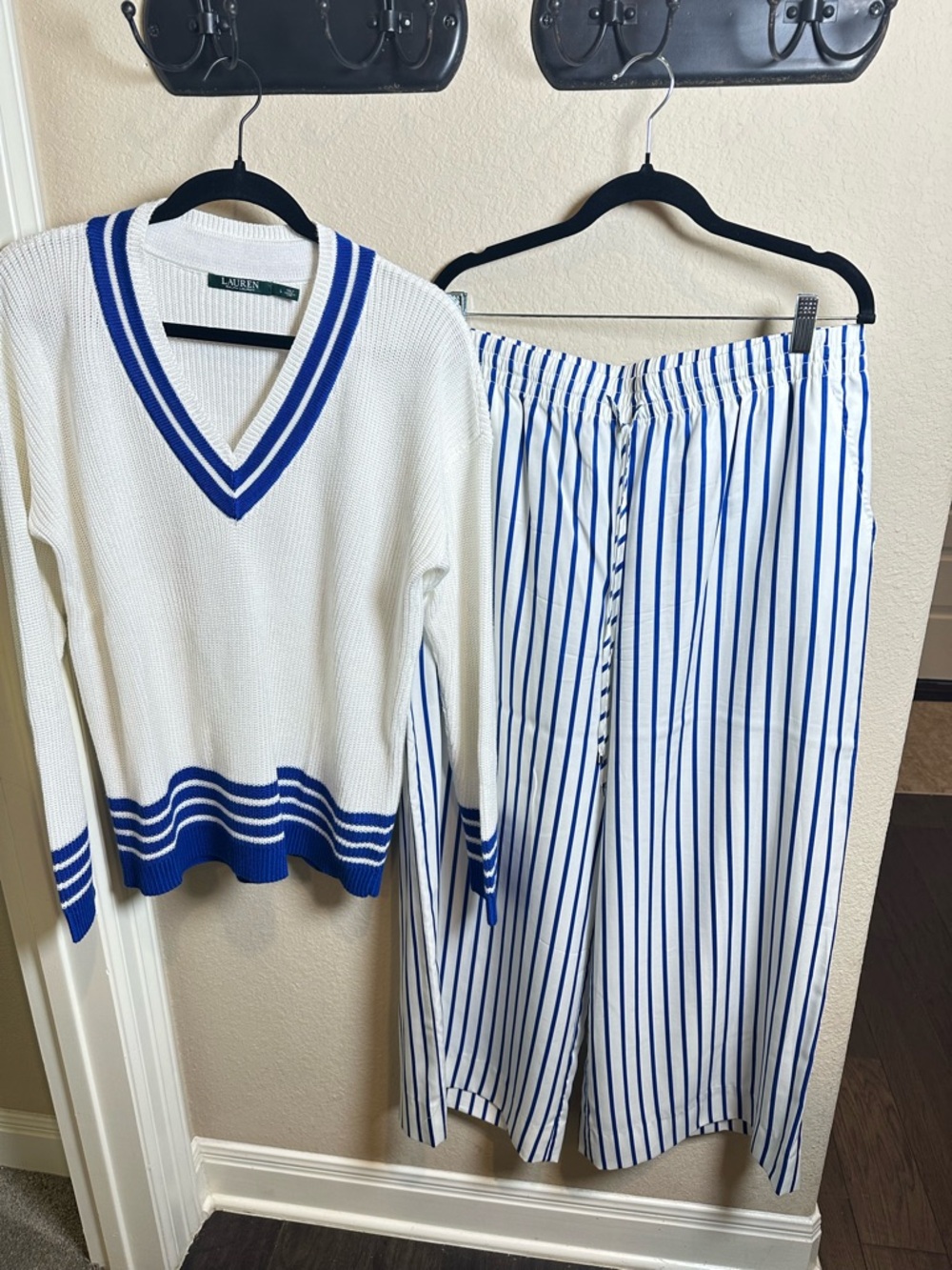 Ralph Lauren White Sport V neck Sweater & Palazzo Pants.